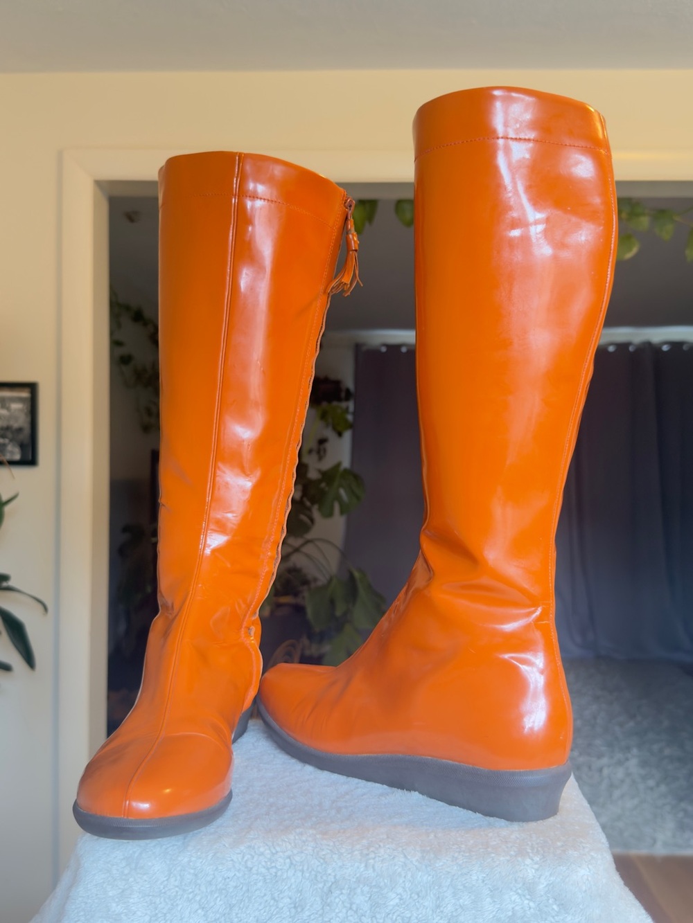 Cole Haan Orange Waterproof Patent Leather Tall Wedge Rain Boots Size 7.5 B